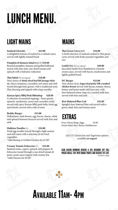 Menu at Grand Casino pub & bar, Dunedin .